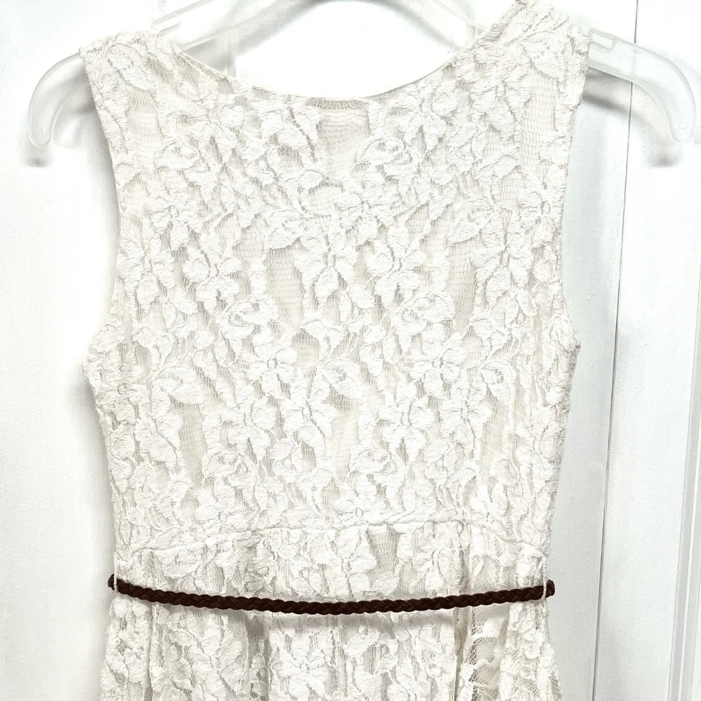 Knitworks White Lace Dress Brown Braided Belt Child Size 8